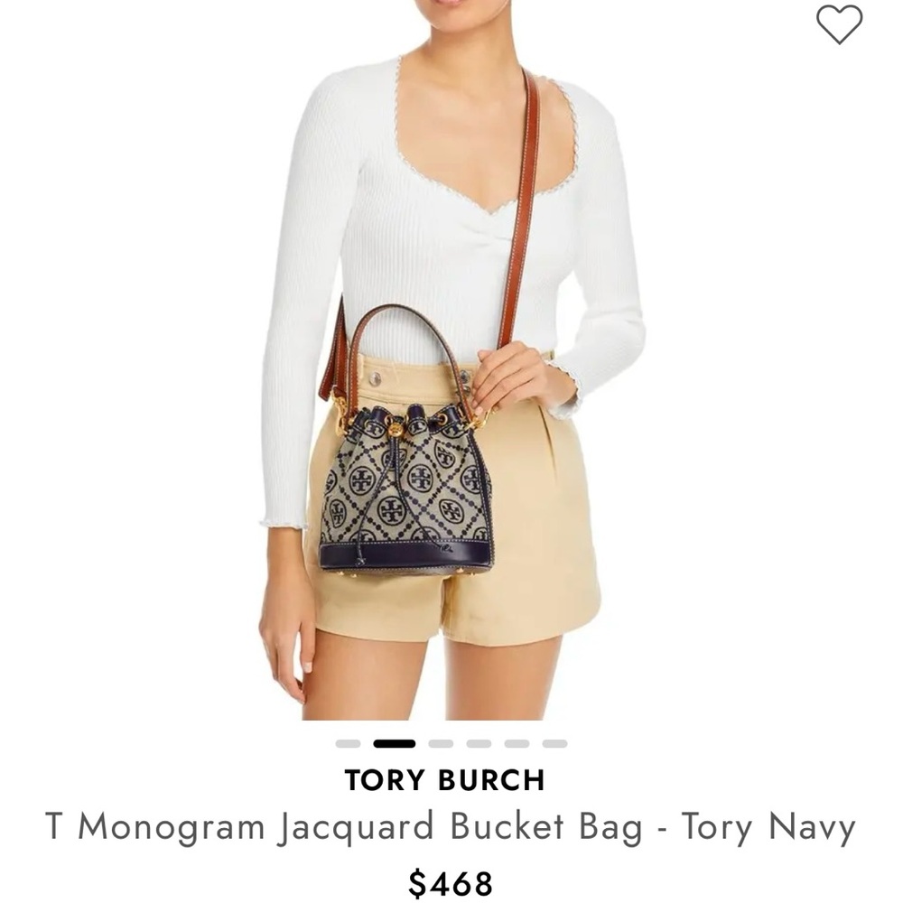 Tory Burch Navy and Brown Monogram Jacquard Bucket Bag - Picture 2 of 9